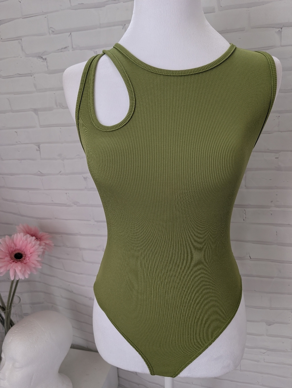 London Rose - Olive Green Ribbed Cutout Tank Bodysuit